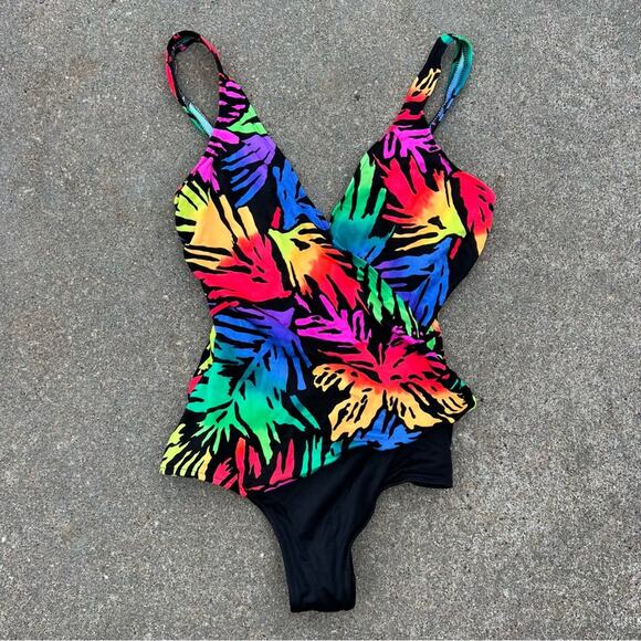 Vintage 80s 90s Neon Tropical One Piece Scoop Back Swimsuit - Picture 1 of 10